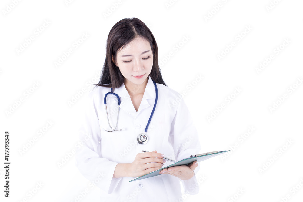 Portrait of Confident smiling Korean Woman doctor posing at white background, healthcare concept Portrait of Confident smiling Korean Woman doctor posing at white background, healthcare concept