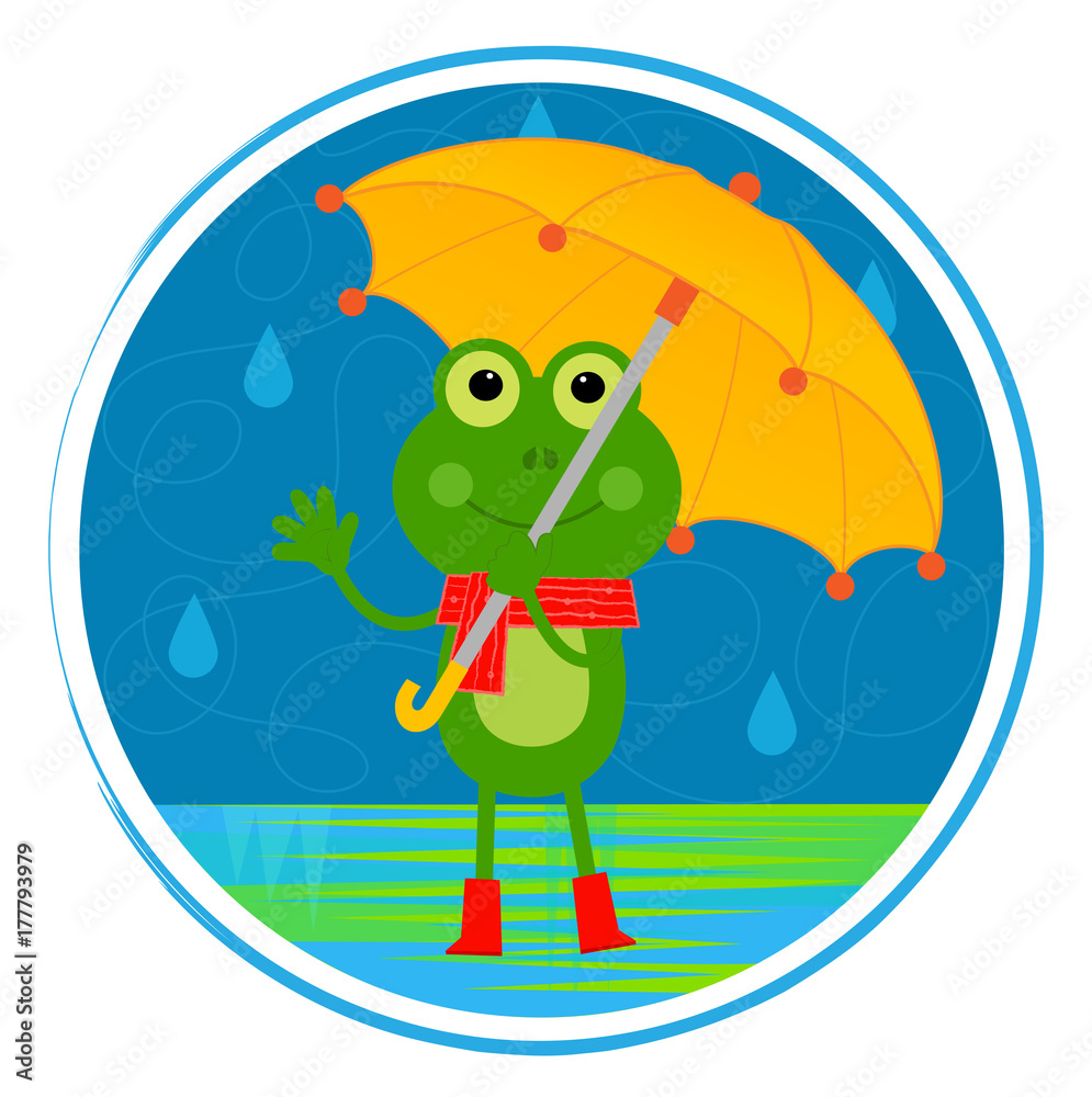 Obraz premium Frog With Umbrella - Clip art of a smiling frog with umbrella standing in the rain. Eps10
