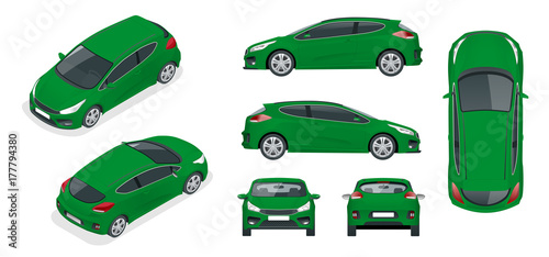 Sportcar or hatchback vehicle. SUV car set on white background, template for branding and advertising. Template vector isolated on white View front, rear, side, top and isometric