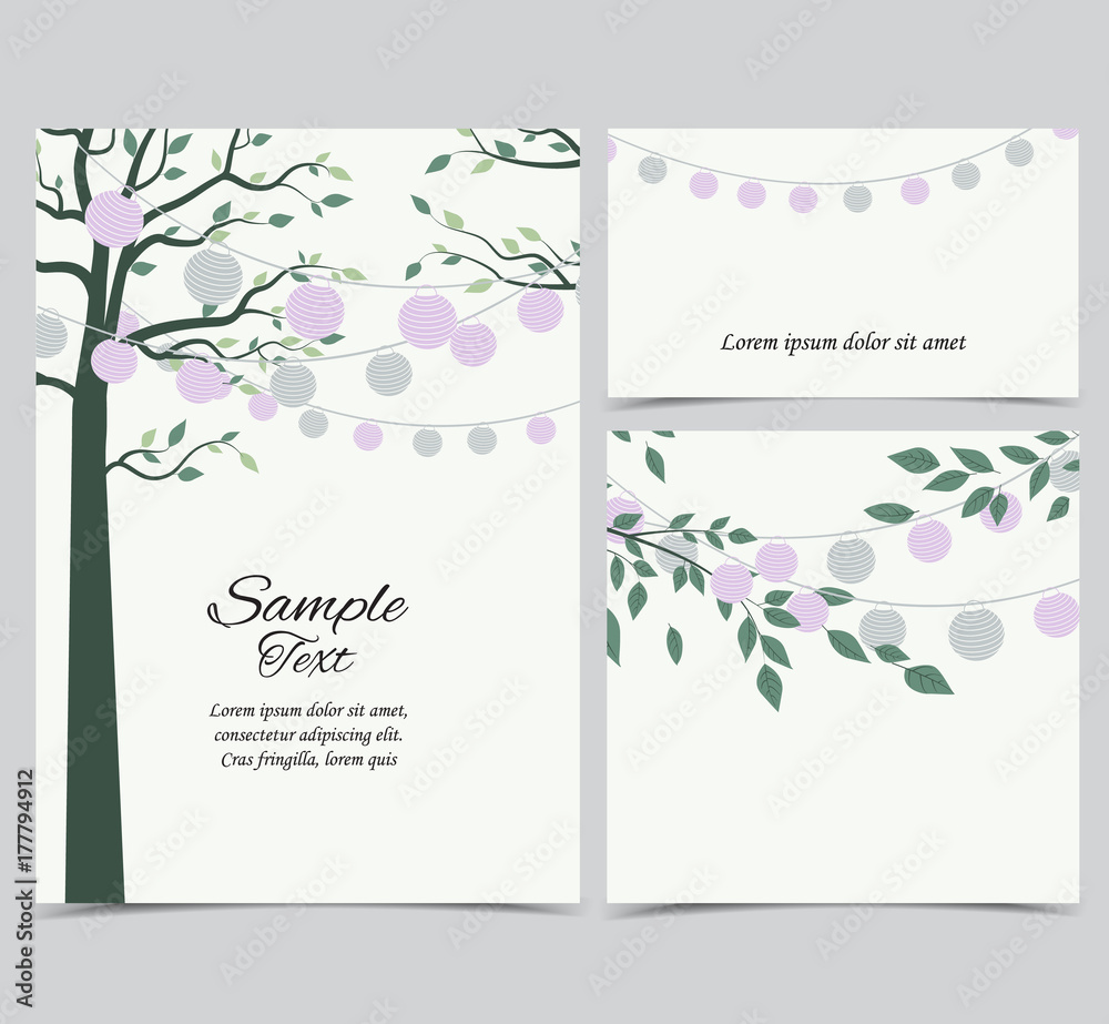Vector illustration of trees with leaves and chain of lanterns. Invitation card, party celebration. Set of greeting cards