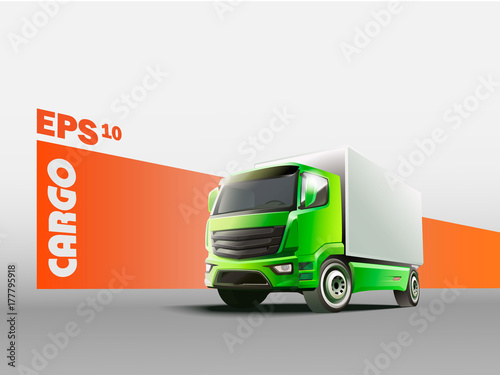 The truck with a body against the background of advertizing of a cargo transportation.
Vector automobile illustration.