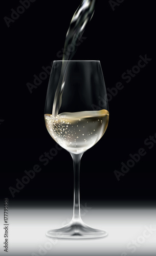Vector realistic illustration of shiny transparent glass with pouring white vine on white table with black background