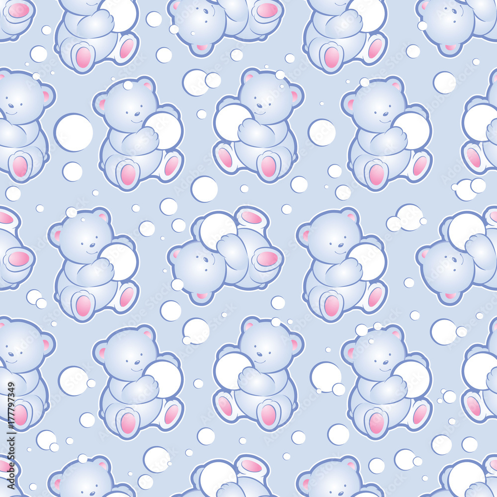 Seamless pattern. Teddy-bears and snowballs on a blue background. Children, blue cartoon pattern.