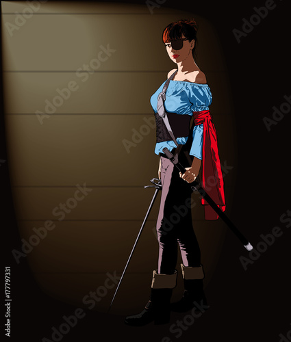A sexy pirate girl with a sword in her hand and a blindfold on her eyes and a red-scarf-waved hand looking toward the enemy.