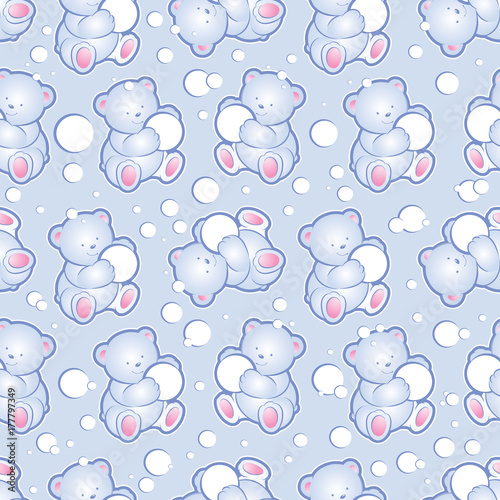 Seamless pattern. Teddy-bears and snowballs on a blue background. Children, blue cartoon pattern.