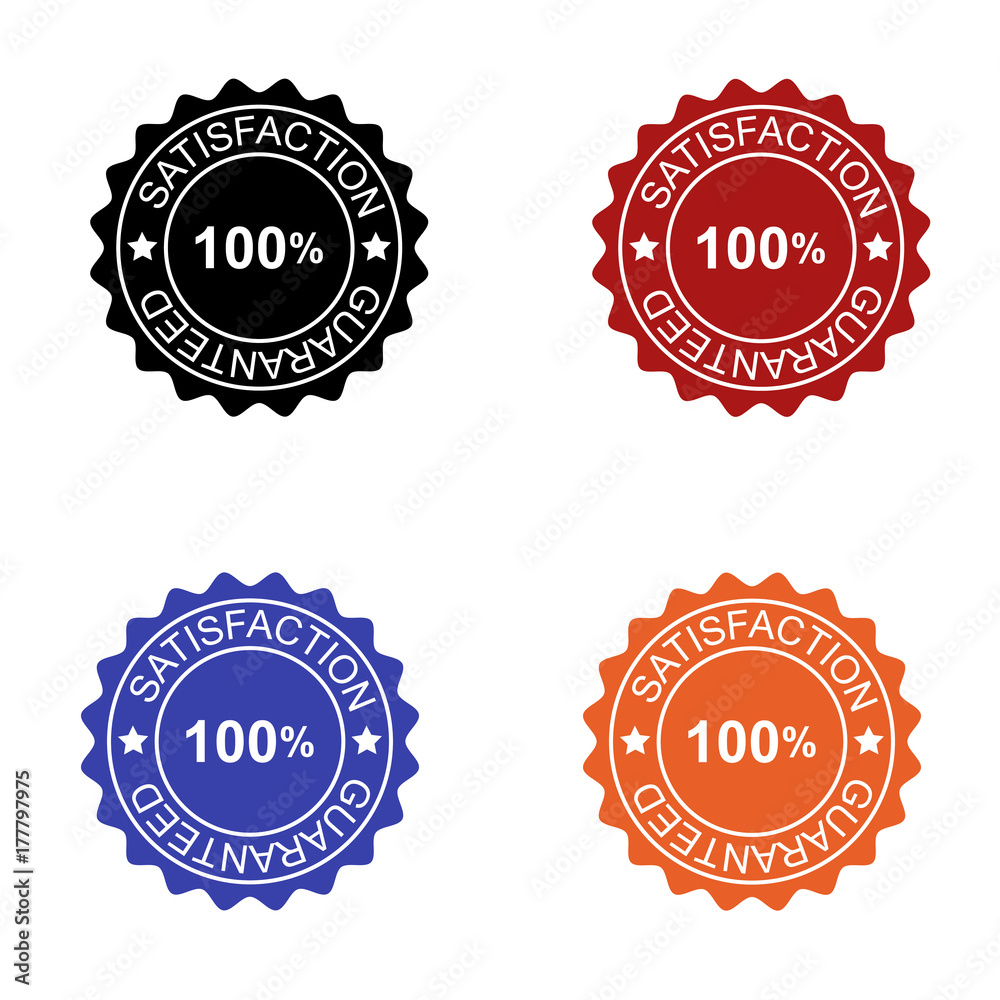 100% Satisfaction guaranteed seal in colors black red blue and orange isolated for applications and web pages