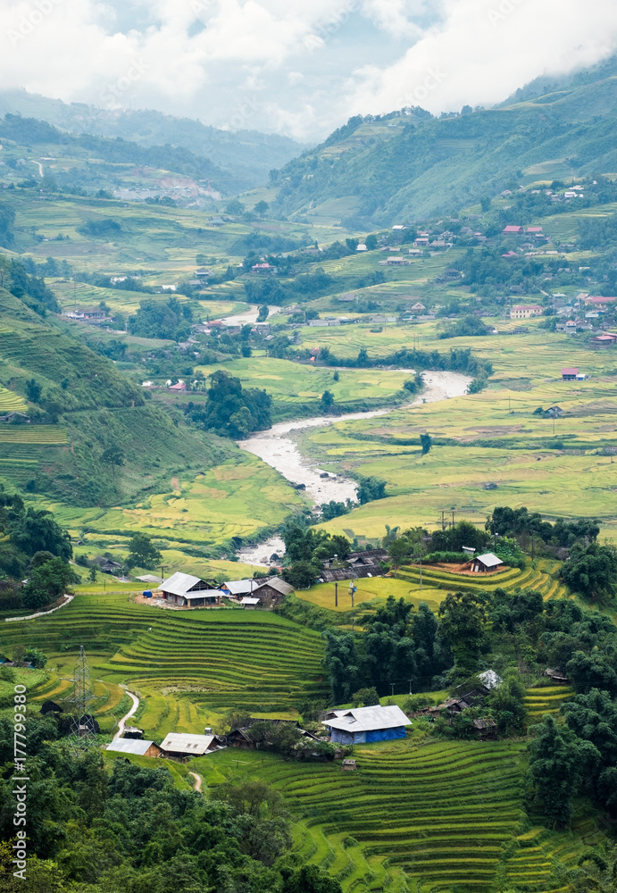 Viewpoint of Tavan village on rice field terraced with river at Sapa