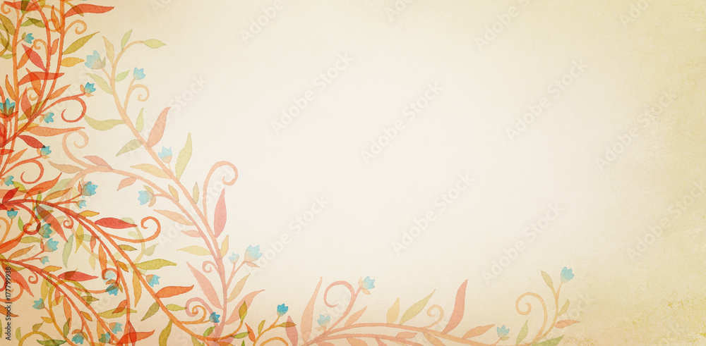 White and beige background with flowers and vines in beautiful warm Thanksgiving or autumn colors of orange brown gold and blue. Hand painted watercolor flower design. White and beige background with flowers and vines in beautiful warm Thanksgiving or autumn colors of orange brown gold and blue. Hand painted watercolor flower design.
