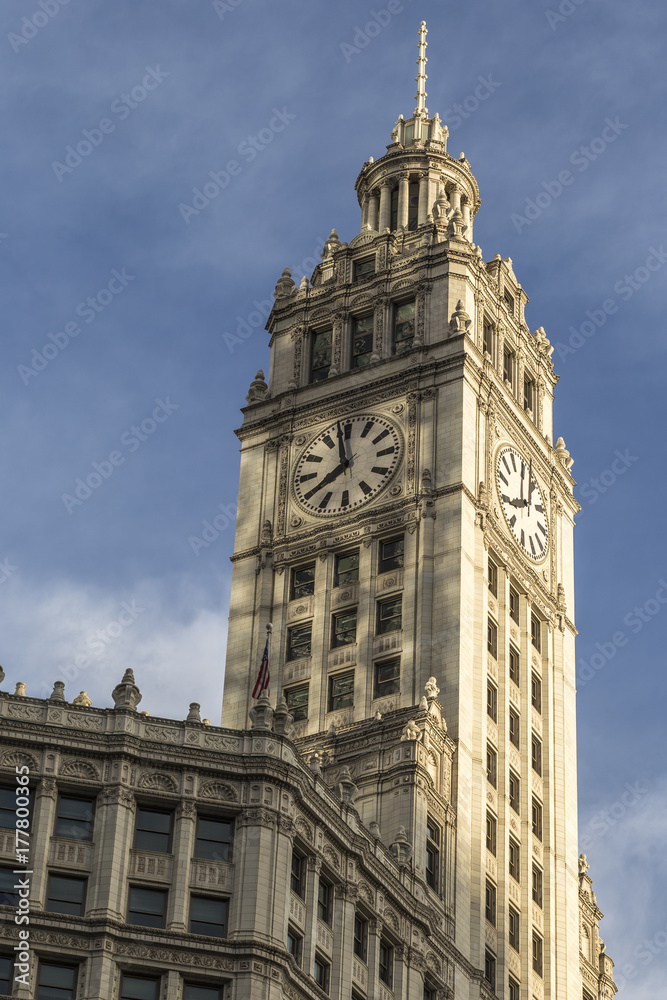 Close up of Wrigley building in downtown Chicago
