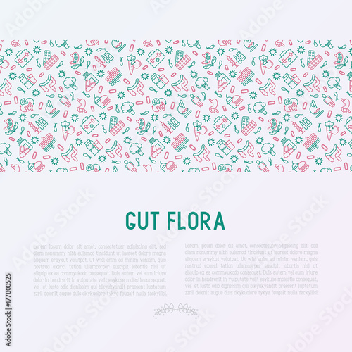Gut flora concept with thin line icons: gut, bacteria, obesity, stomach, infection, depression, medicine. Vector illustration for medical survey or report.