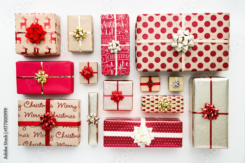 Collection of Christmas presents, overhead view photo