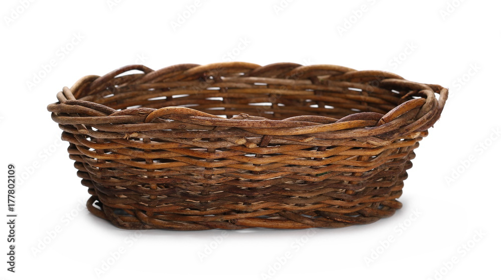 Empty wooden wicker basket isolated on white background Empty wooden wicker basket isolated on white background