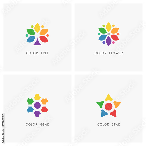 Color logo set. Colored tree and flower, gear wheel and star symbol, multicolored palette - design, art, creativity and personality icons.