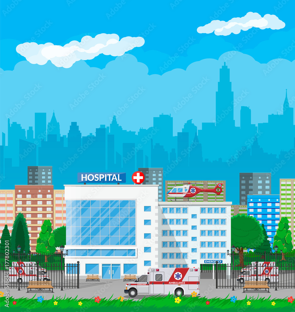 Hospital building, medical icon.