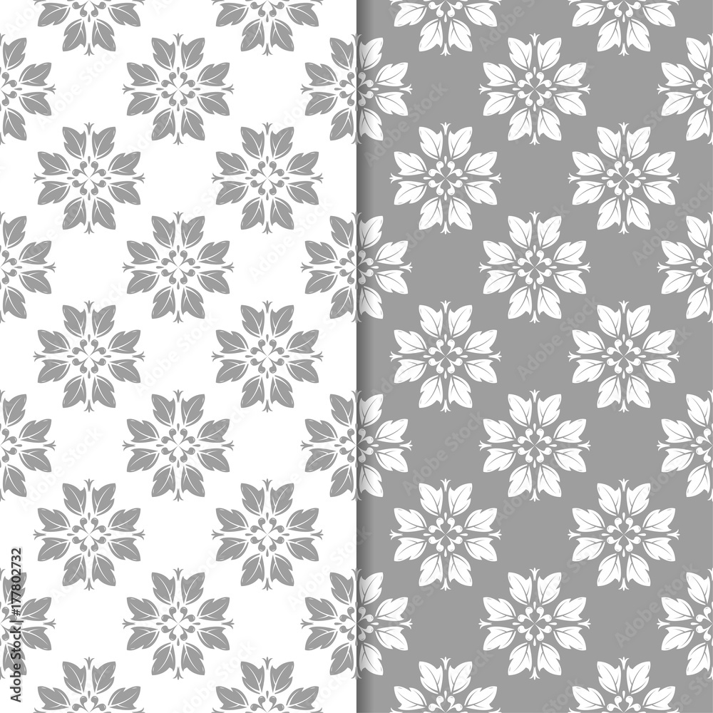 White and gray set of floral seamless patterns White and gray set of floral seamless patterns