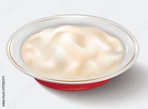 Porridge in red bowl. A plate of porridge. Illustration isolated on white background with shadow.