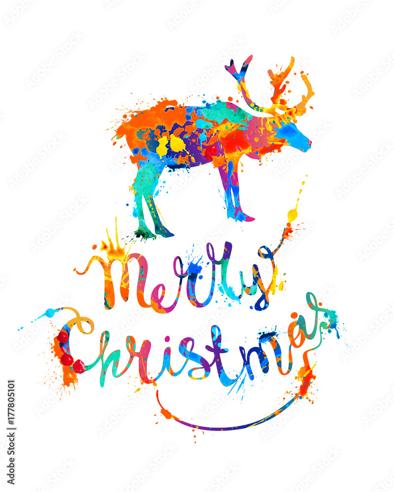 Obraz Merry Christmas card with reindeer. Splash paint