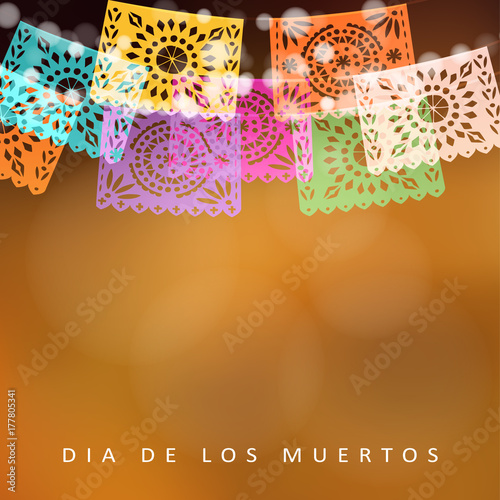 Dia de Los Muertos, Day of the Dead or Halloween card, invitation. Party decoration, string of lights, handmade cut party flags. Modern colorful blurred vector illustration, background. photo