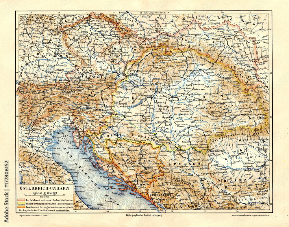 Fototapeta premium Map of Austro-Hungarian Empire (from Meyers Lexikon, 1896, 13/300/301)