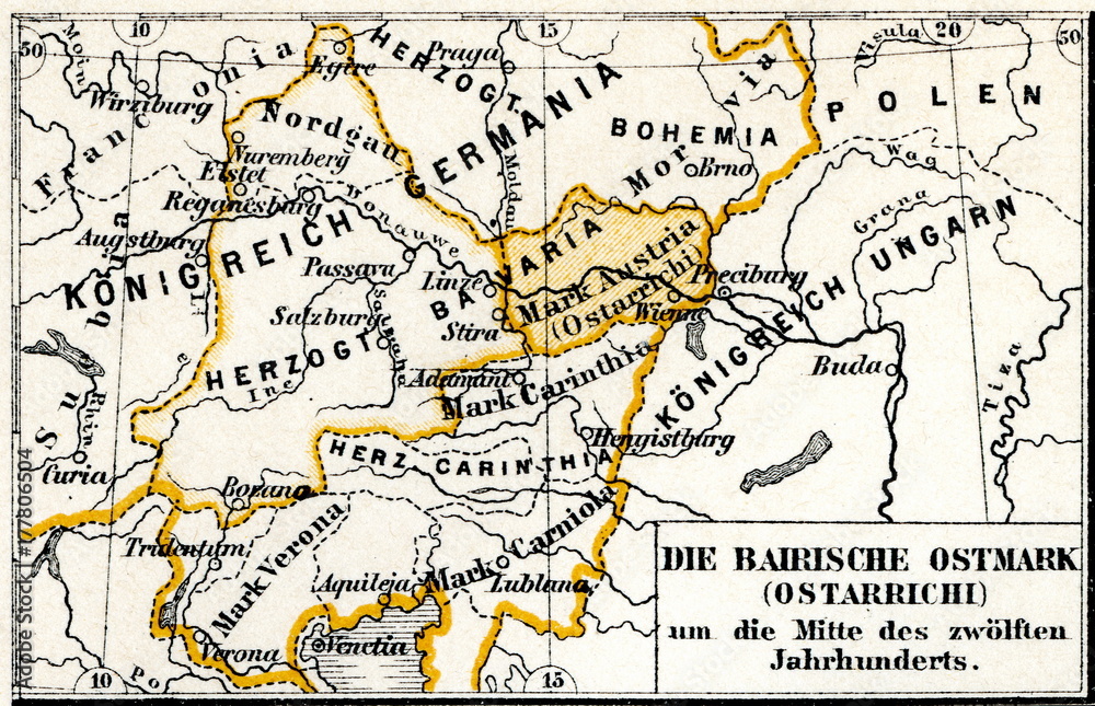 History of Austro-Hungarian Empire -  Ostarrîchi, 12th century (from Meyers Lexikon, 1896, 13/304/305)