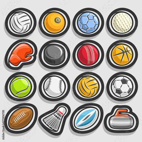 Vector set of Sports Balls, collection of sporting and gaming equipment, balls of different kinds of sports, boxing glove, hockey puck, badminton shuttlecock, curling stone isolated on grey background