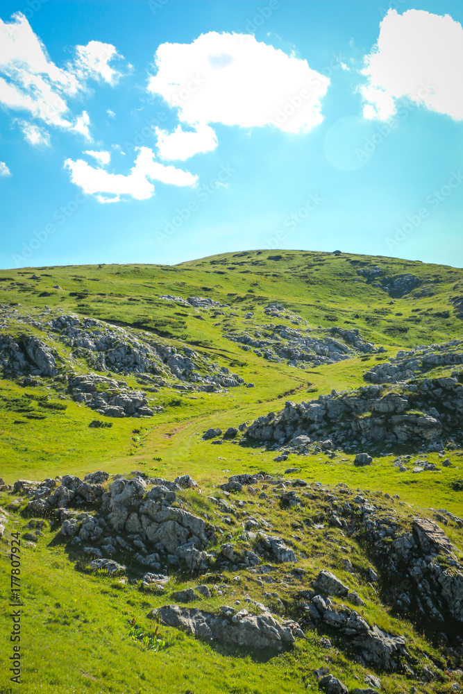 Stone dunes and green grass on the mountain. Rocks, green grass and blue sky with white clouds