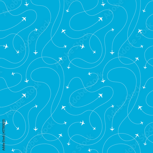 Airplane destinations seamless background. Adventure time concept