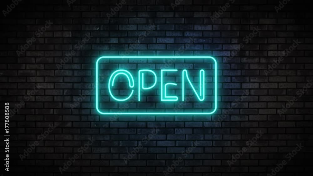 Open Blue Neon Light on Brick Wall. Night Club Bar Blinking Neon Sign