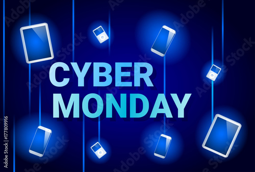 Cyber Monday Sale Banner With Digital Tablets On Background Online Shopping Discount Poster Flat Vector Illustration