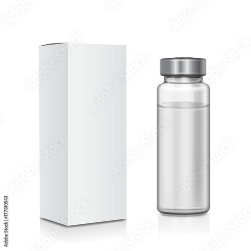 Transparent glass medical ampoule with package box Vector illustration
