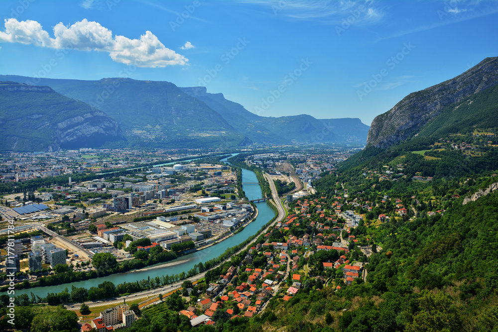 Amazing view with Isere river  and buildings architecture. .View from above, from Fort Bastille in Grenoble, France