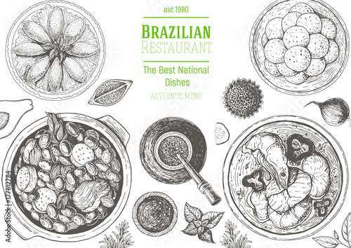 Brazilian cuisine top view frame. Brazilian food menu design. Vintage hand drawn sketch vector illustration.