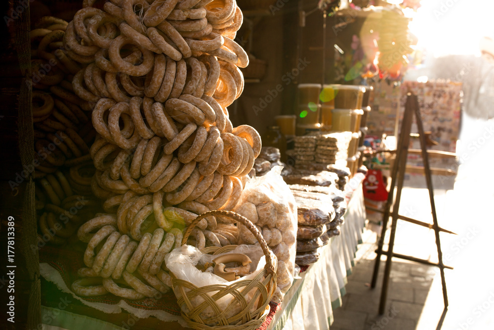 Bagels at the Christmas fair in the center square of Lvov