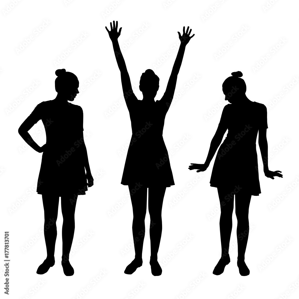 Set of vector realistic silhouettes posing young women in dress isolated