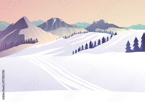 Zimowy pejzaż w górach, ślady po nartach, ilustracja wektorowa