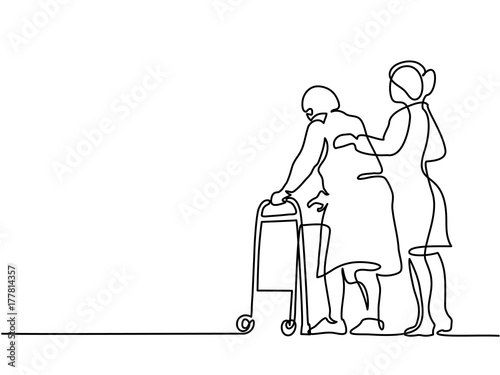 Continuous line drawing. Young woman help old woman using a walking frame. Vector illustration photo