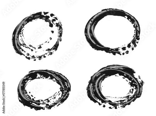 Black grunge brush strokes, circles, oil paint set, collection isolated on white background