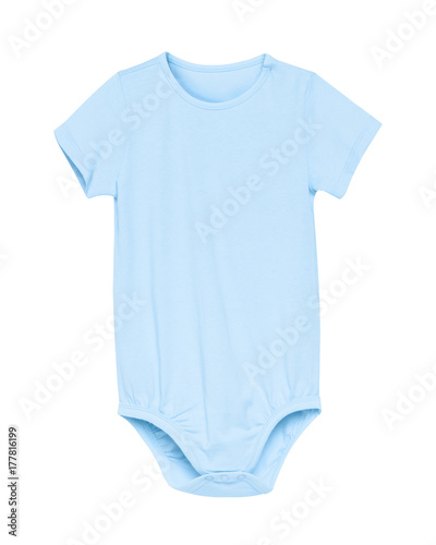 Classic azure light blue short baby rompers with empty space isolated on white