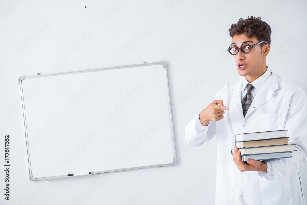 Funny doctor scientist making presentation in hospital Funny doctor scientist making presentation in hospital