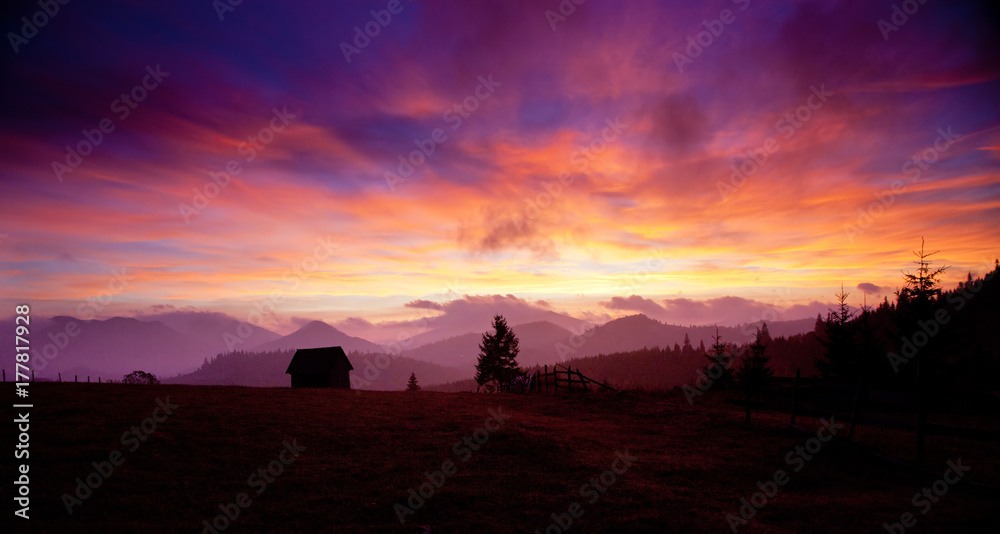 beautiful alpine sunset with firs and cottage