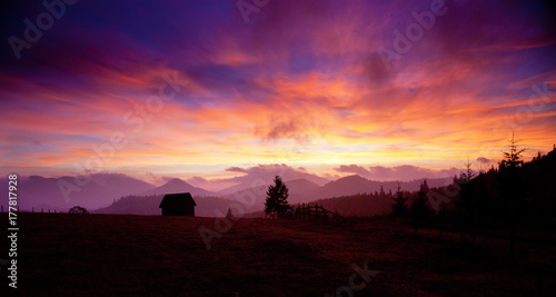 beautiful alpine sunset with firs and cottage