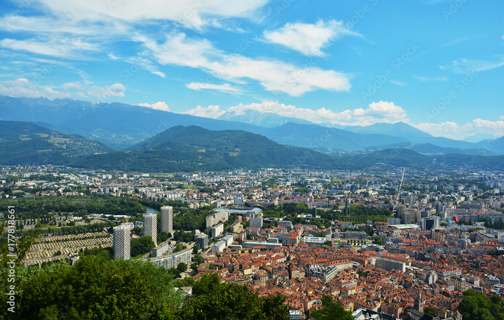 Buildings architecture. View from above, from Fort Bastille in Grenoble, France