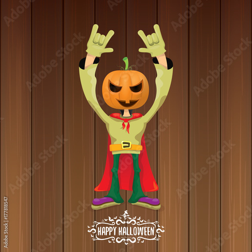 vector Happy halloween creative hipster party background. man in halloween costume with carved pumpkin head