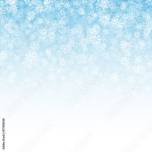 Falling Snow Effect with Realistic Vector Snowflakes Overlay on Light Blue Background. Christmas Holiday Winter Frozen Ice 3D Illustration