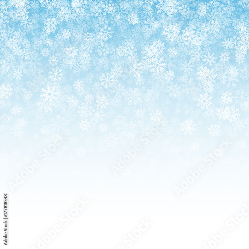 Falling Snow Effect with Realistic Vector Snowflakes Overlay on Light Blue Background. Christmas Holiday Winter Frozen Ice 3D Illustration © yamonstro