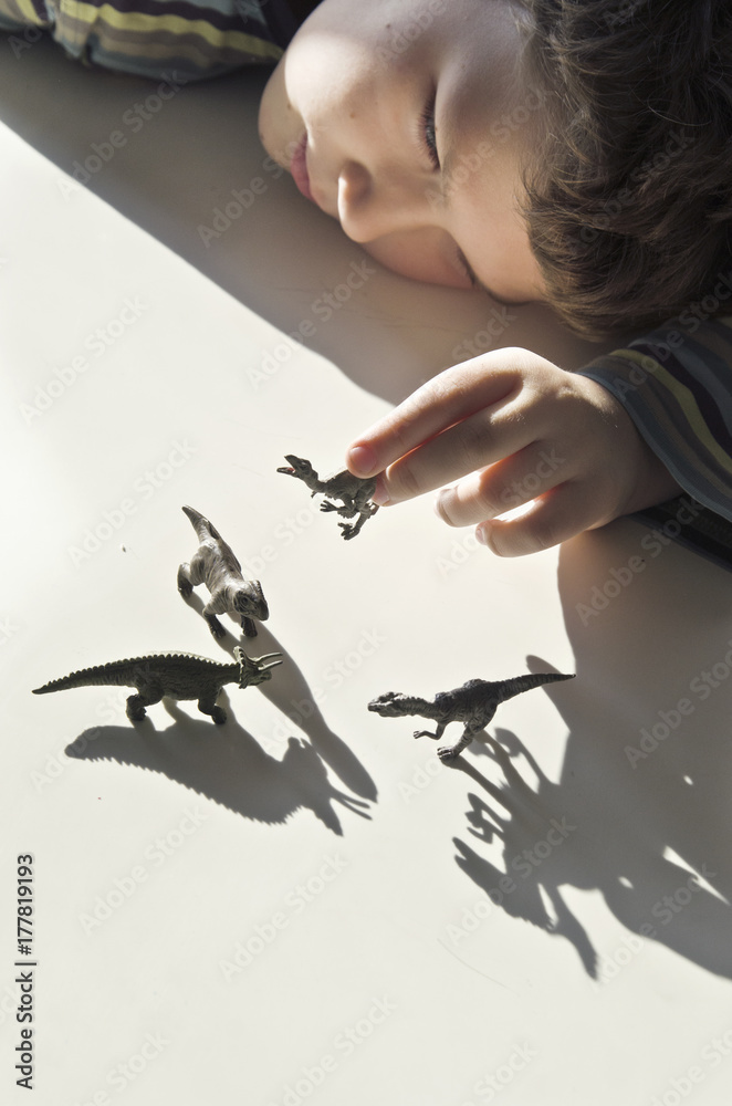 Boy is playing with dinosaurs toys Boy is playing with dinosaurs toys