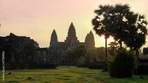 Angkor Wat sunset with pink orange sky background