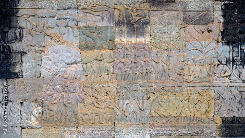 Multicolor bas relief on the wall at Angkor Wat, Siem Reap, Cambodia