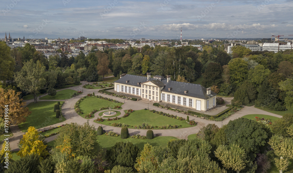 Aerial view of the Josephine pavilion in the Orangerie Park in Strasbourg