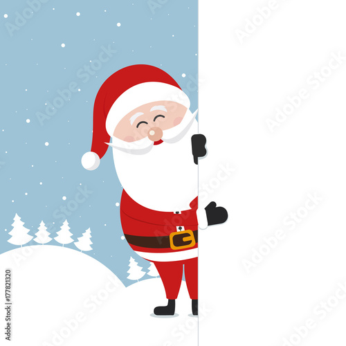santa claus stand behind banner winter landscape background